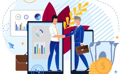 Partnerships in Investment Fund Cartoon Flat. Cooperation Between  Participants Corporate Organization. Men Agree on Parnetcy on Background Electronic Devices. Vector Illustration.